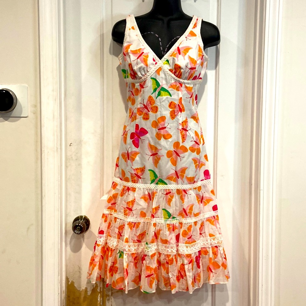 Lilly Pulitzer sleeves v neck ruffle cotton dress butterfly print